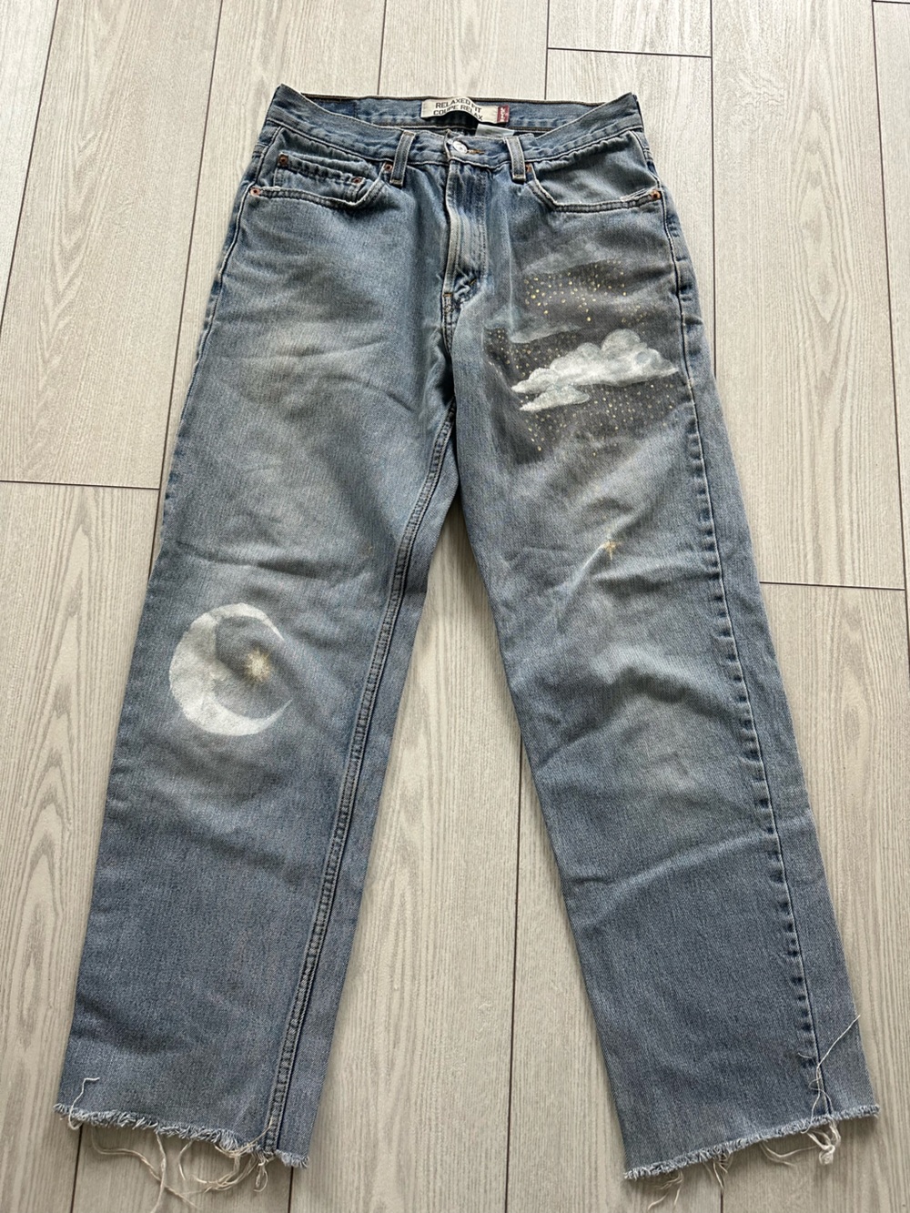 Women's Levi's light blue Jeans with Hand-Painted Moon and Cloud Details